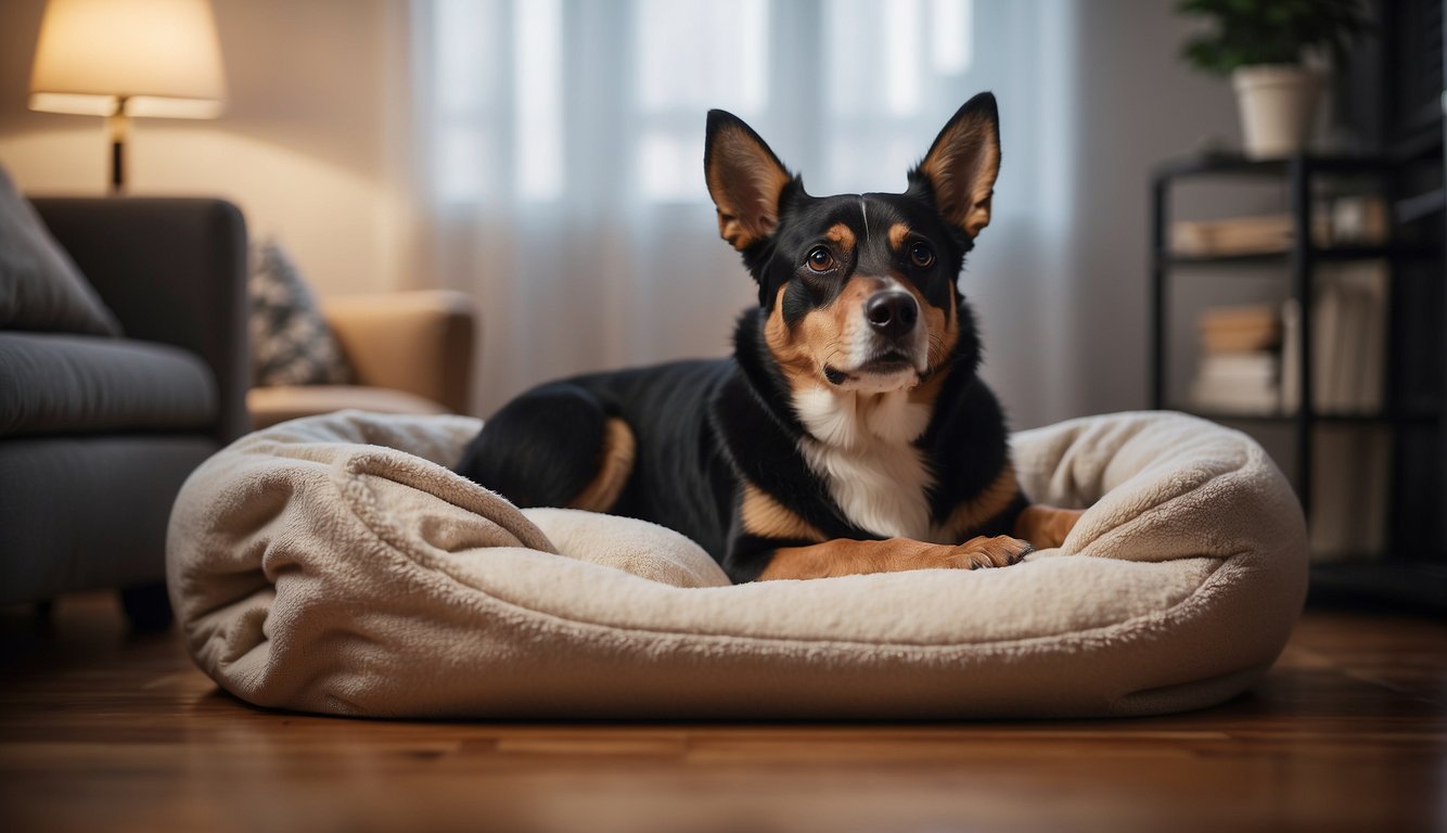 A cozy dog bed with soft blankets, dim lighting, and a bowl of water nearby. A gentle, soothing atmosphere to help manage pain for dogs with serious illness