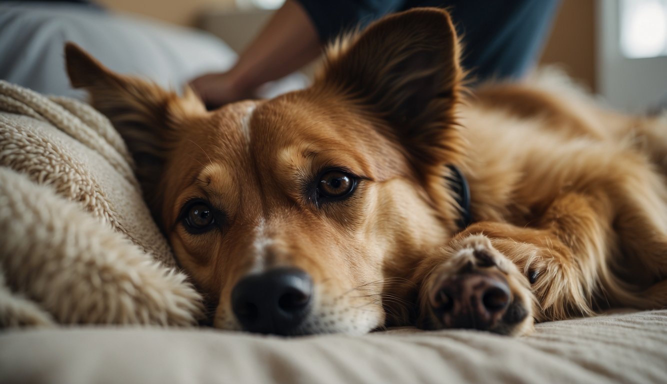 A dog lying on a comfortable bed, with a concerned owner gently stroking its fur. The dog's expression shows signs of discomfort, while a veterinarian administers pain management medication