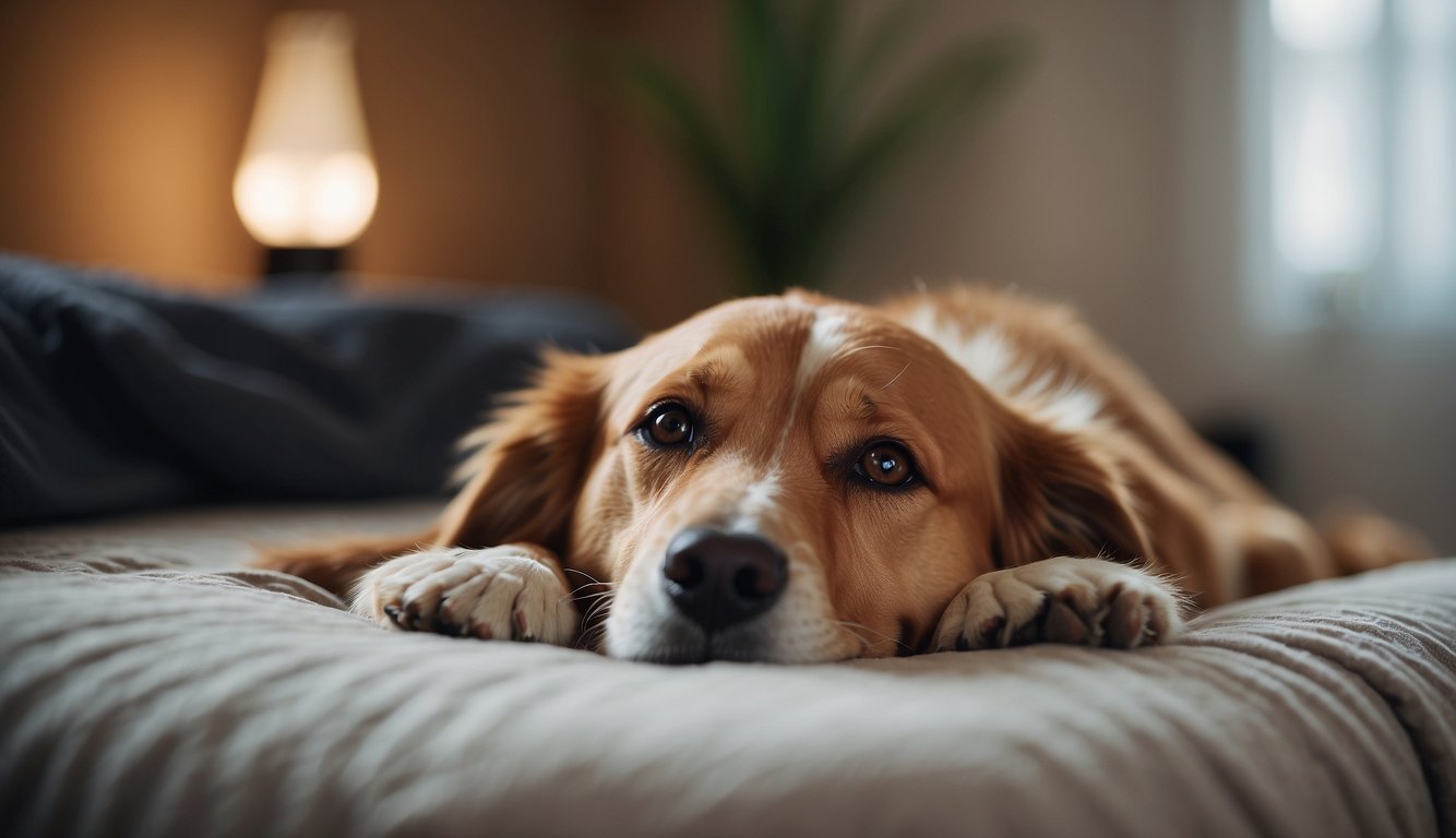 A dog lying on a cozy bed, surrounded by soothing music, aromatherapy diffuser, and a gentle massage from a loving caregiver