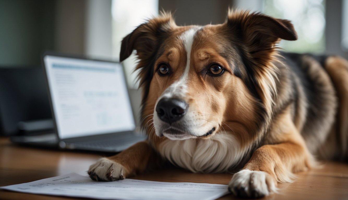 A dog lying down with a pained expression, a concerned owner looking at a list of veterinary contacts and pain management options