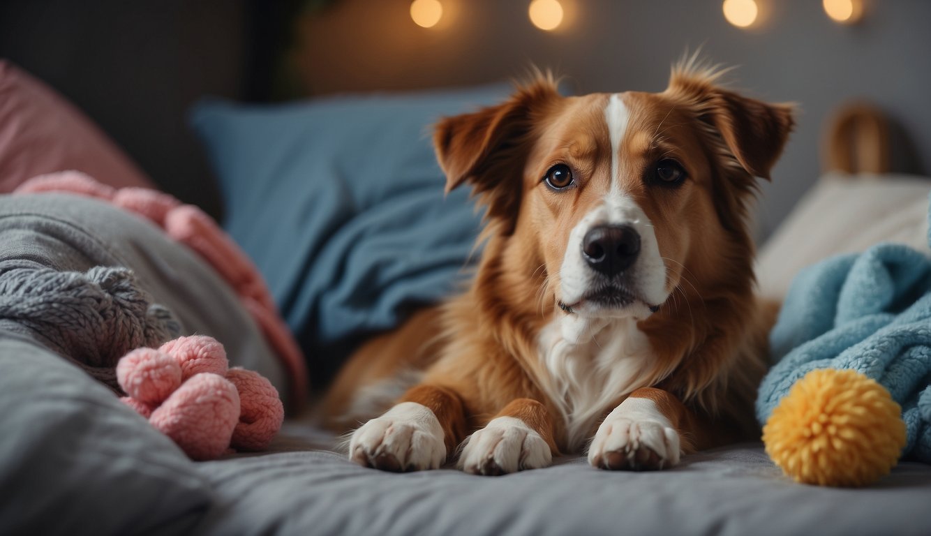 A dog lying on a soft bed, surrounded by comforting toys and blankets. A gentle hand administering medication or adjusting a supportive harness