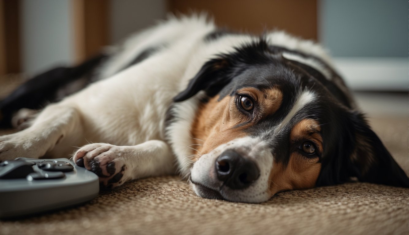 A dog lying down, looking uncomfortable, with a sad expression. A veterinarian administers pain medication while the dog's owner looks on with concern