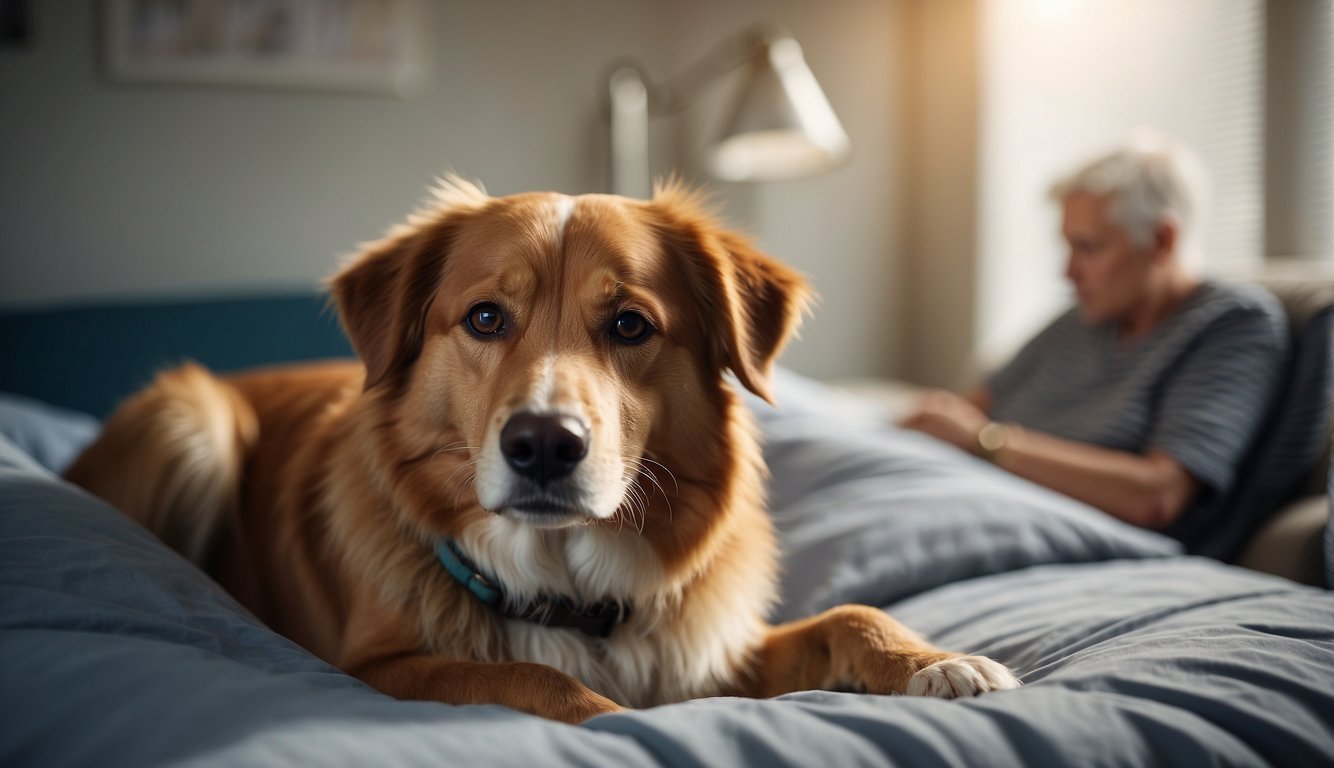 A senior dog peacefully resting on a comfortable bed while a caring veterinarian administers end-of-life care, surrounded by a supportive family and covered by a pet insurance policy