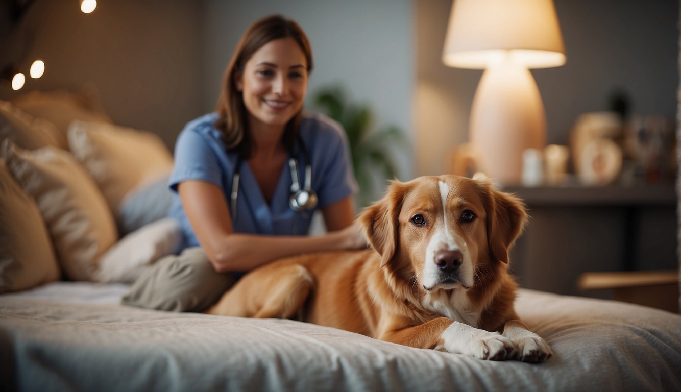 A dog laying on a comfortable bed surrounded by caring family members and a veterinarian, with a peaceful and serene atmosphere