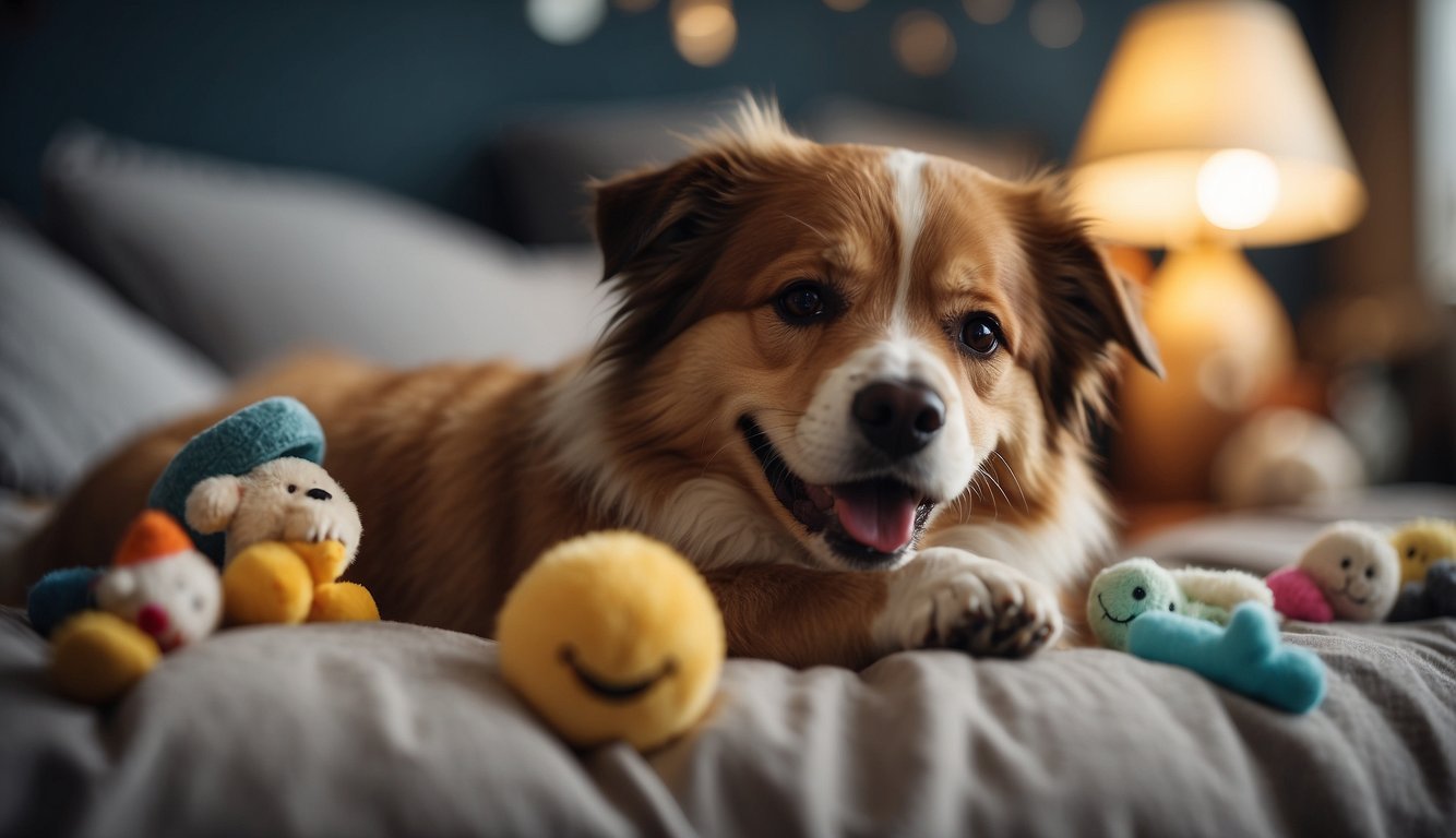 A happy dog lying in a cozy bed, surrounded by toys and treats. A veterinarian and pet insurance documents in the background