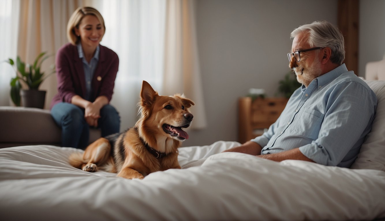 A dog lying on a comfortable bed surrounded by loving family members, with a caring veterinarian discussing options for palliative and hospice care