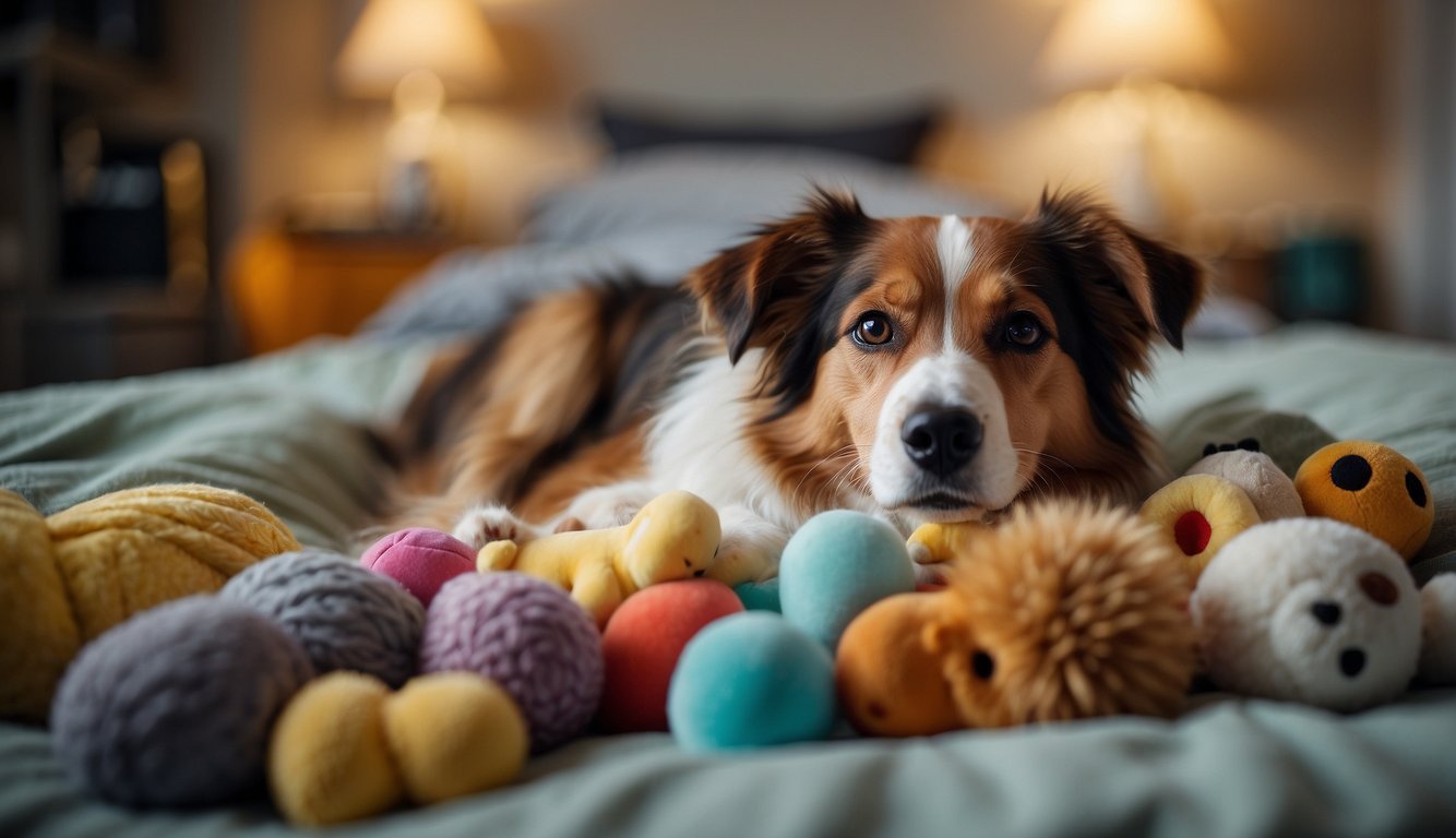 A dog lying peacefully on a cozy bed, surrounded by comforting toys and blankets. A veterinarian gently administers end-of-life care, while the dog's owner lovingly says goodbye