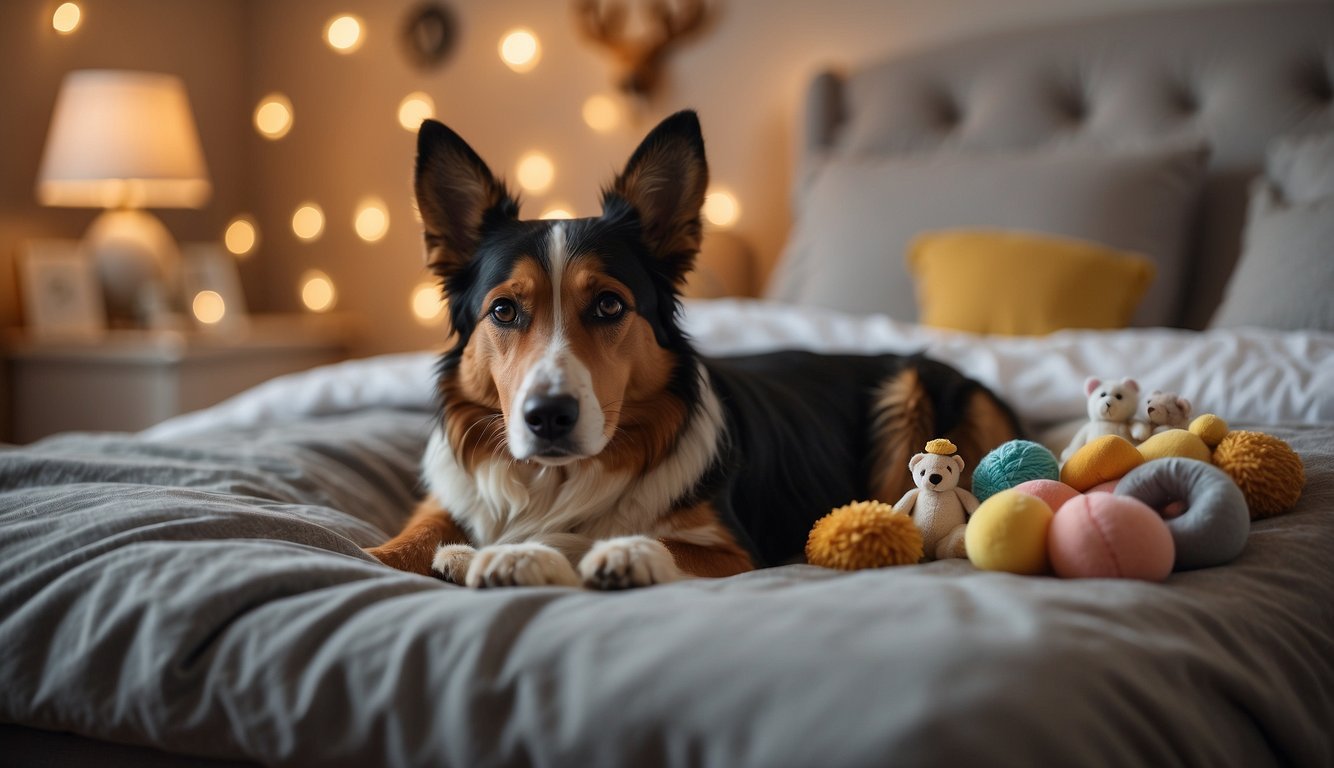 A dog lying on a comfortable bed surrounded by its favorite toys and a loving owner, with a veterinarian discussing end-of-life care options and the financial impact of pet insurance