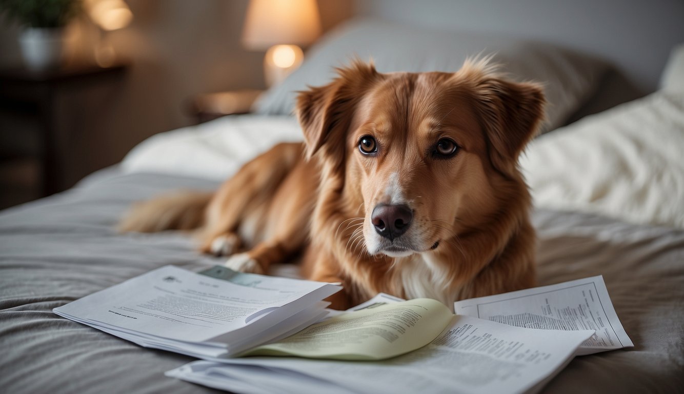 A dog laying peacefully on a comfortable bed, surrounded by supportive pet insurance documents and resources for end of life care