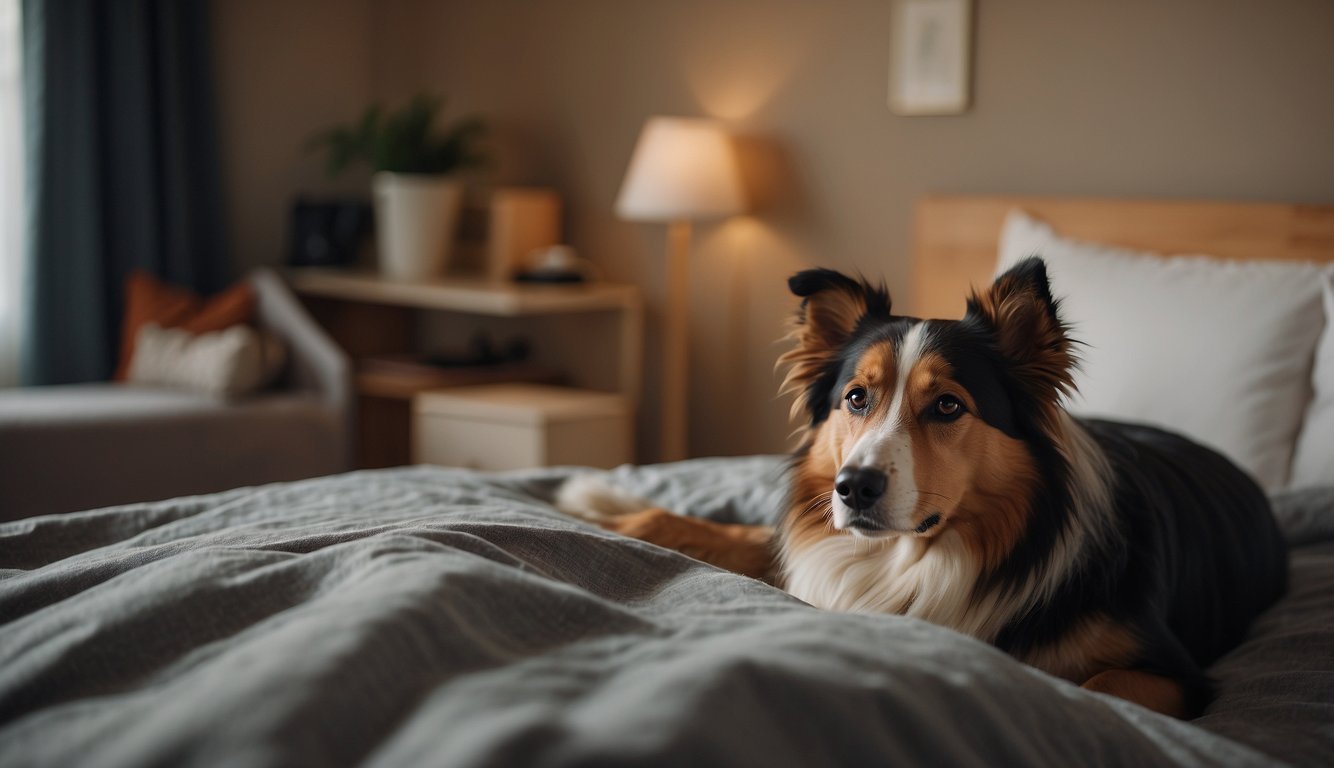 A dog lying on a comfortable bed, surrounded by loving family members and receiving gentle care from a veterinarian. The room is filled with warmth and compassion, providing a peaceful and dignified end-of-life experience