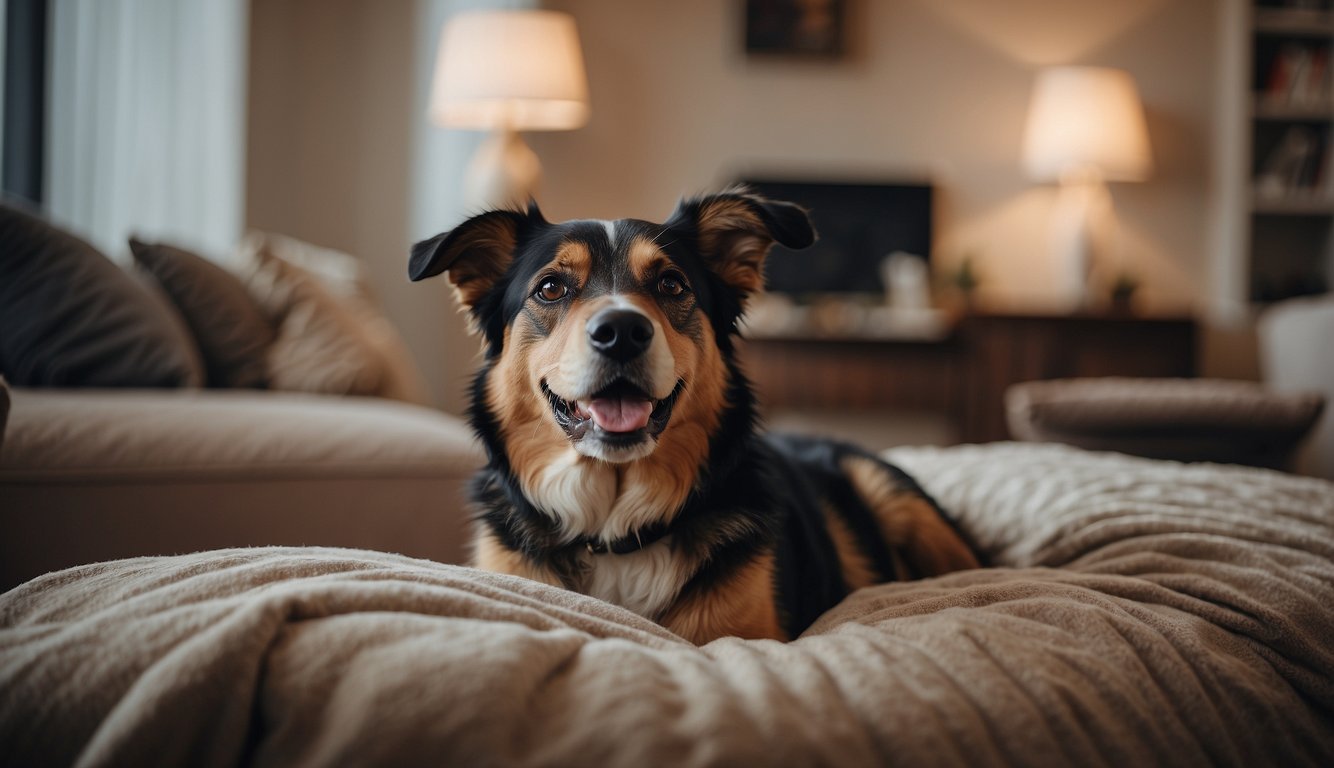 A dog peacefully resting on a comfortable bed surrounded by loving family members and a caring veterinarian, with a sense of comfort and security in the air