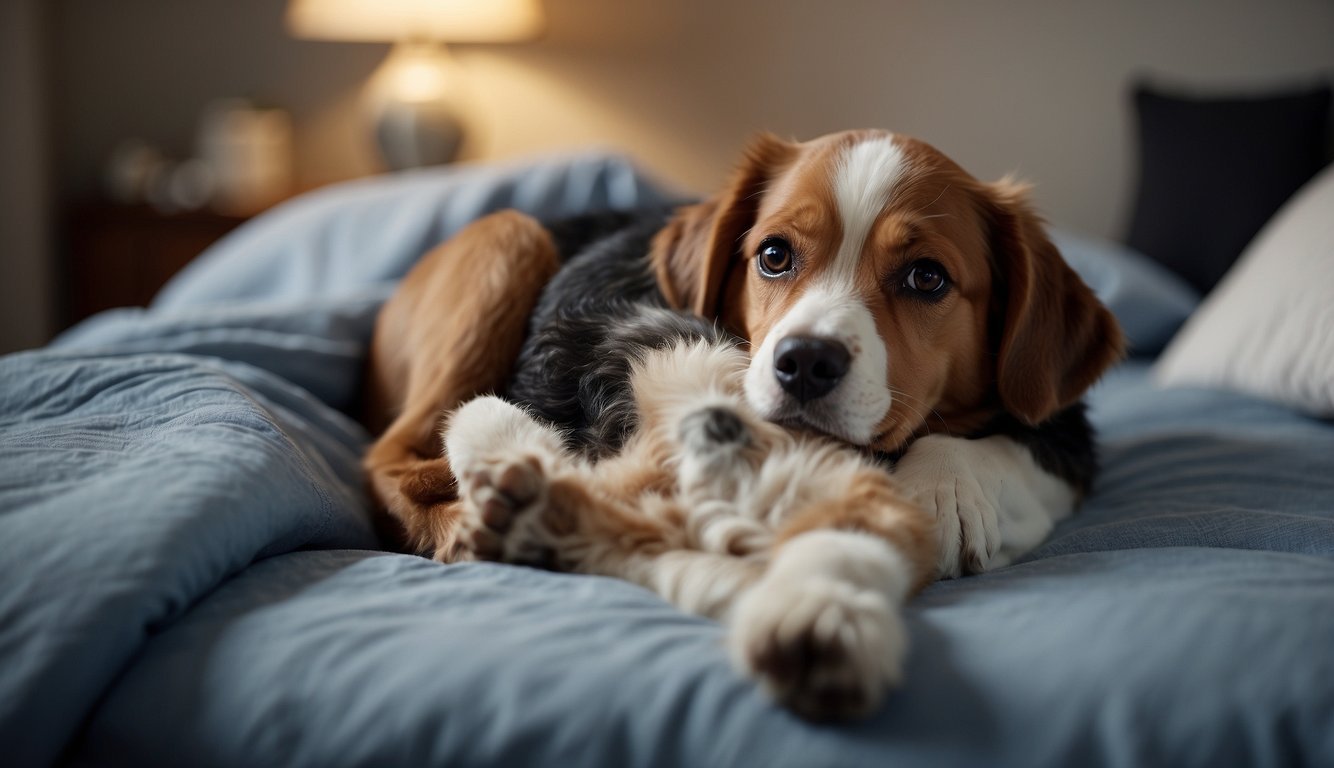 A dog lying peacefully on a soft bed, surrounded by comforting toys and blankets. A veterinarian gently administering end-of-life care while a loving owner looks on with care and compassion