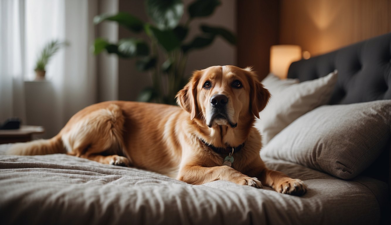 A dog lying on a soft bed, with a concerned owner adjusting the room temperature and offering water and medication