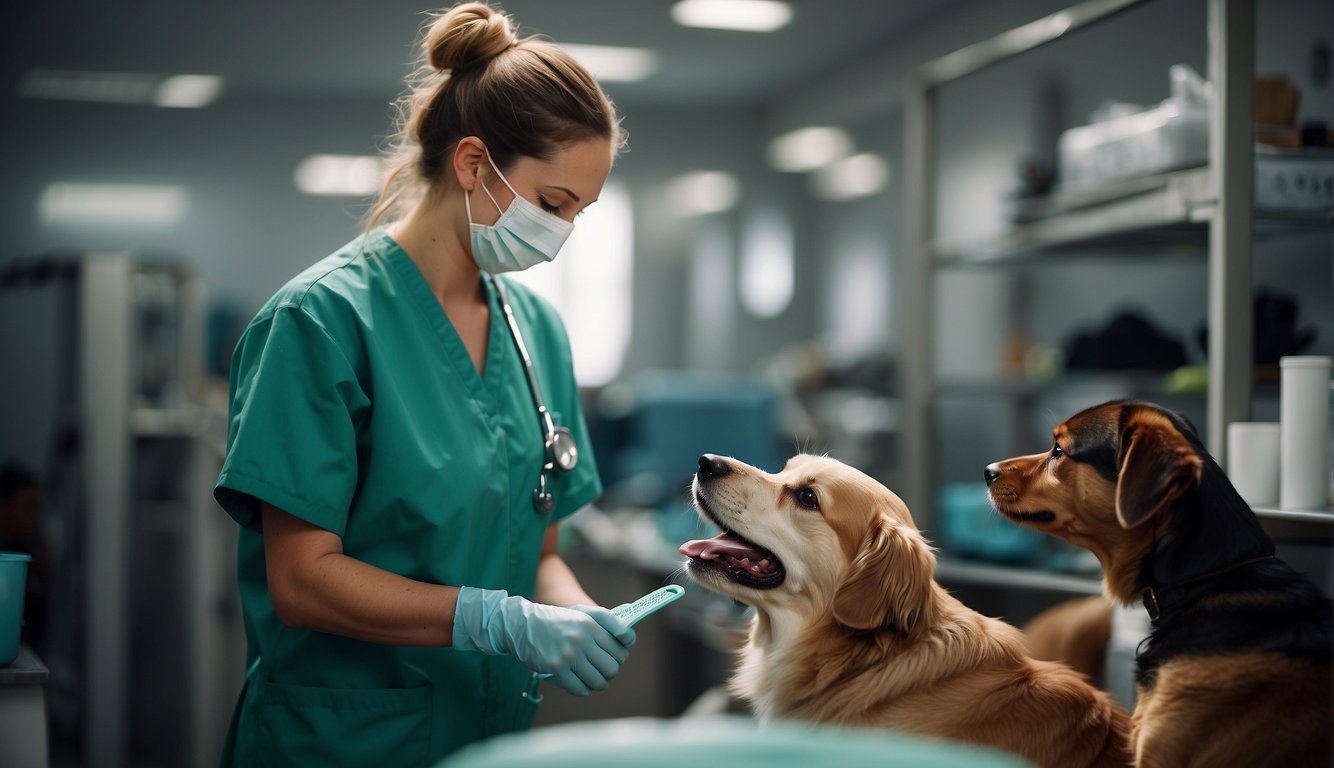 A veterinarian tending to sick dogs, adjusting their daily routines for comfort