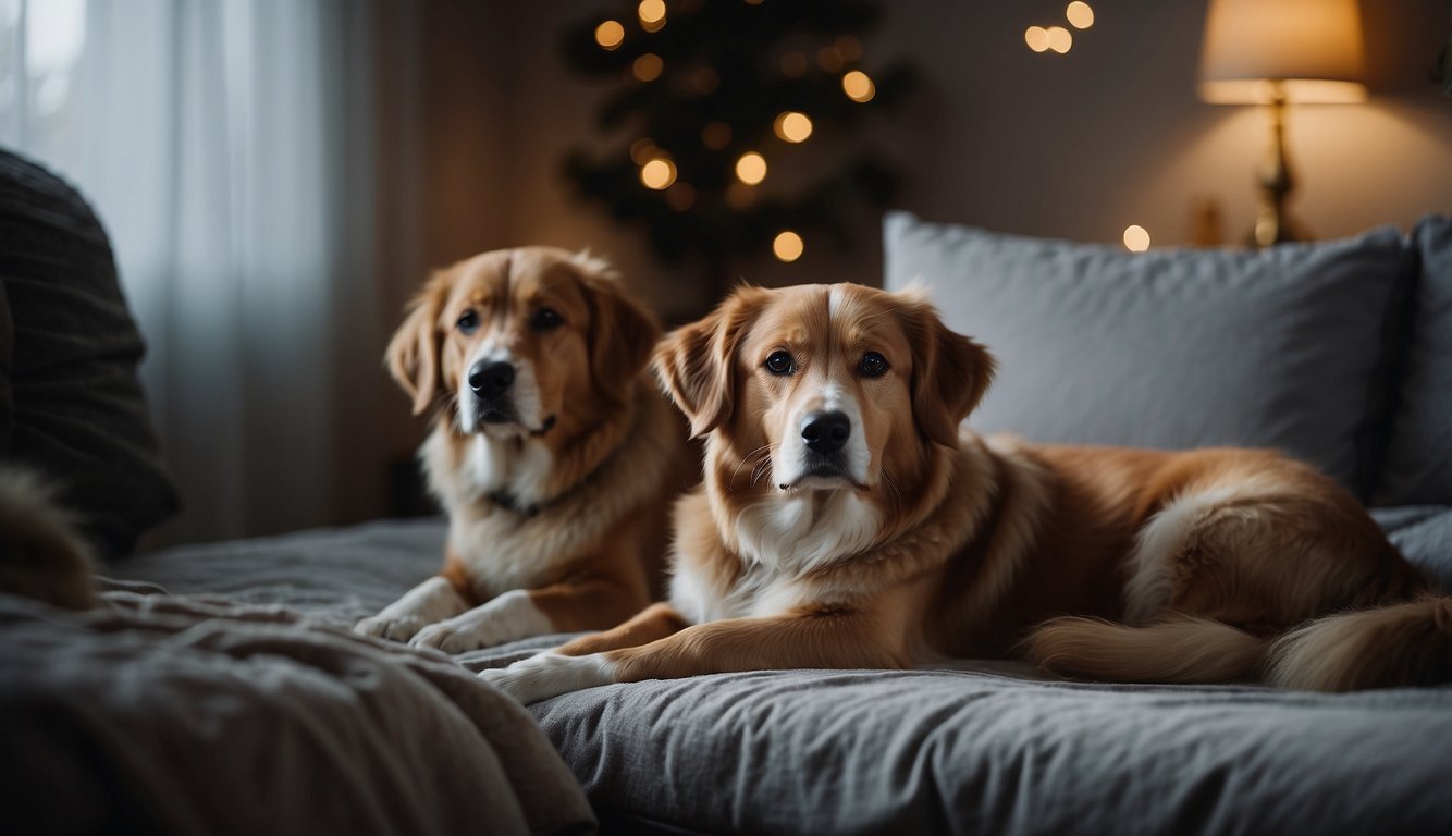 Sick dogs lounging in a cozy, clutter-free room with soft bedding, dim lighting, and soothing music playing in the background