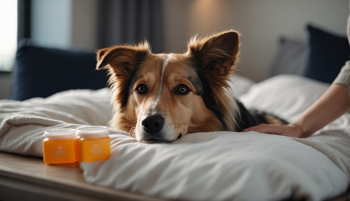 A dog lying on a soft bed, receiving medication and gentle care from a caregiver. The caregiver is adjusting the dog's daily routine to ensure comfort and well-being