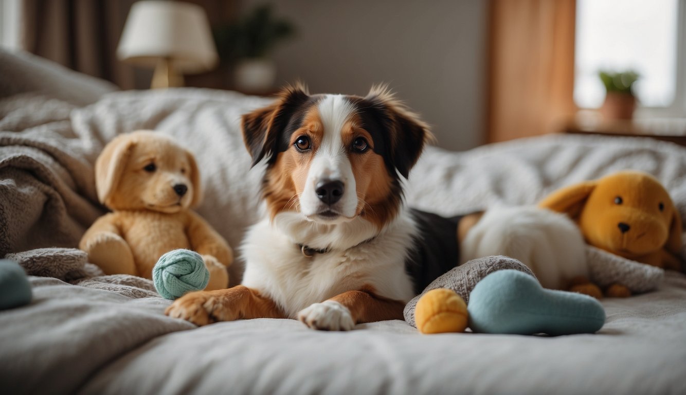 A dog lying on a soft bed, surrounded by comforting toys and blankets. A gentle, caring presence nearby, adjusting the dog's daily routine to provide comfort and support