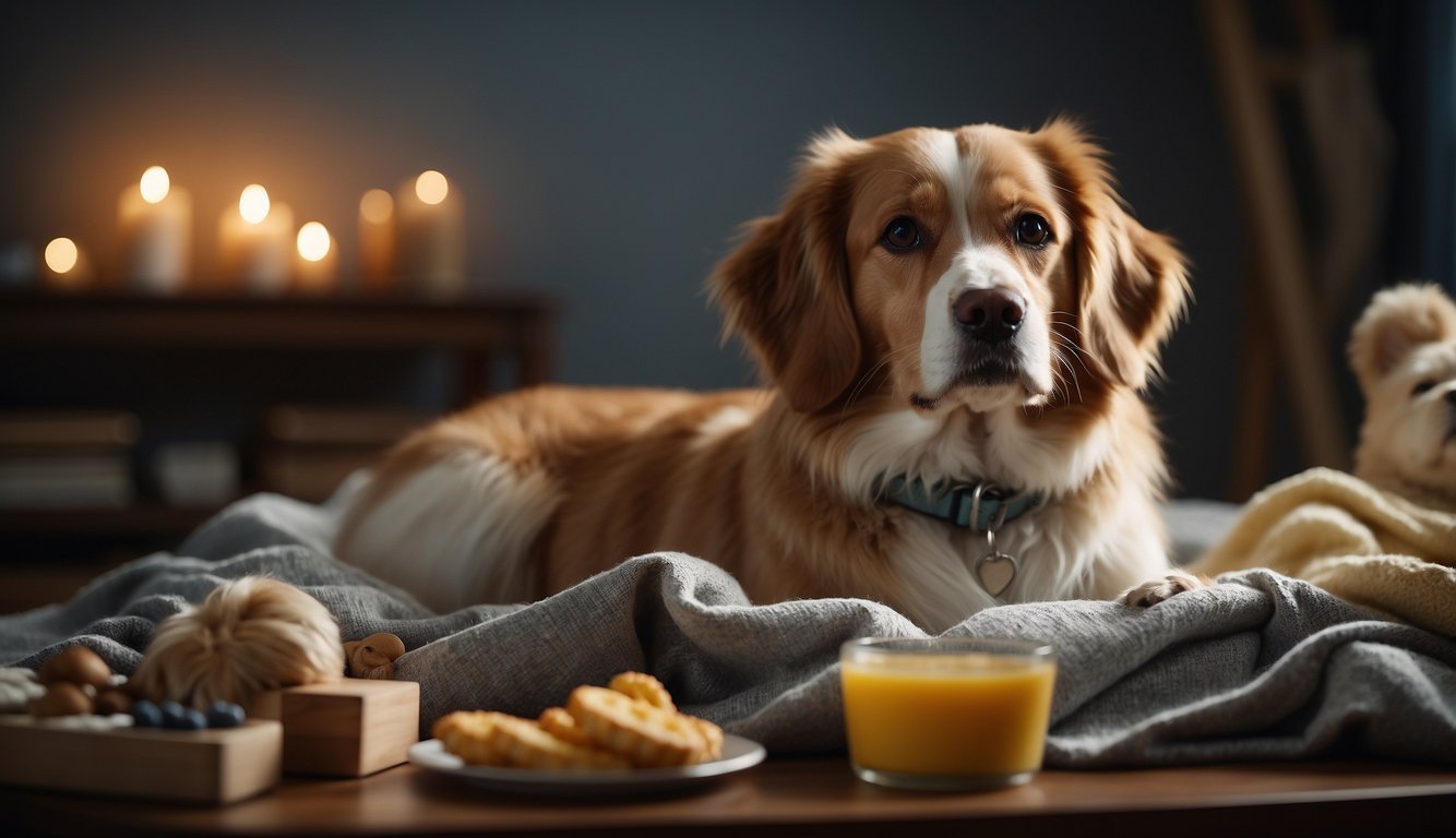 A dog lying on a soft bed, surrounded by comforting items like blankets and toys. A bowl of water and food nearby. The room is quiet and dimly lit, creating a peaceful atmosphere