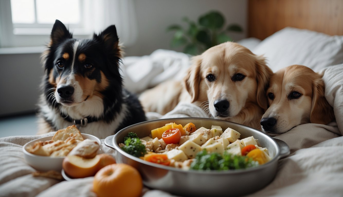 Sick dogs receiving personalized meals in cozy beds with soft blankets and gentle music playing in the background