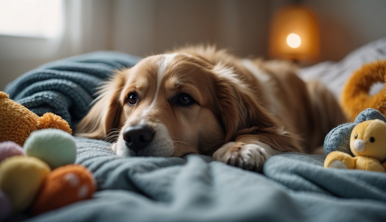 Sick dog lying on a soft bed, surrounded by comforting toys and blankets. A gentle hand offers water and medication