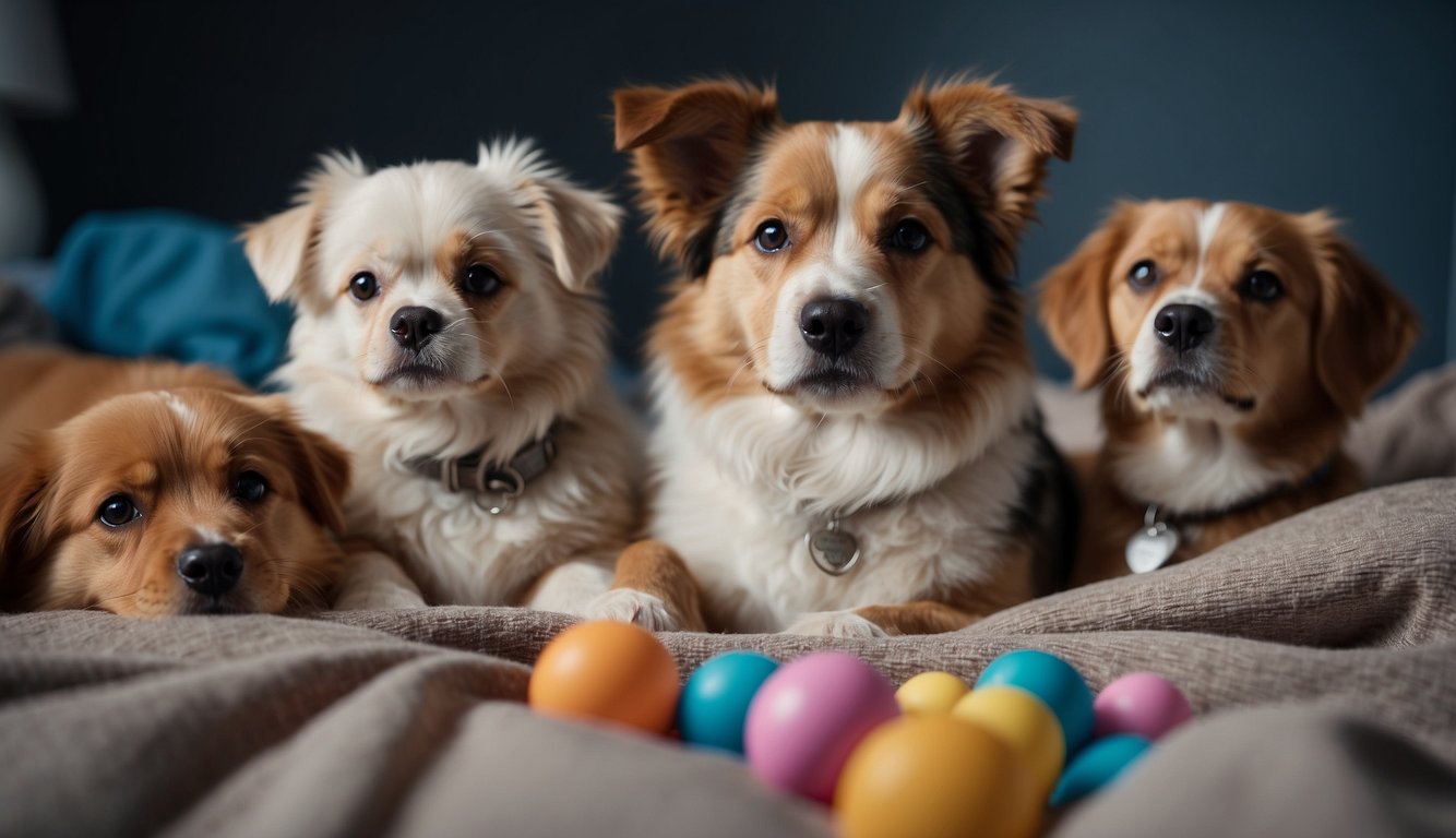 Sick dogs resting on soft blankets, surrounded by comforting toys and water bowls. Owners adjusting routines to accommodate their needs