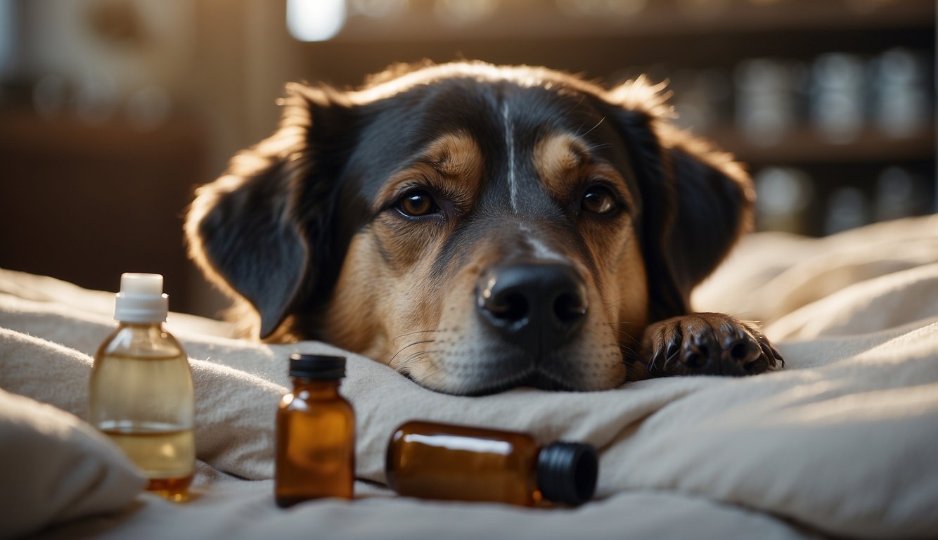 A dying dog lies on a soft bed surrounded by bottles of herbal treatments. The dog's expression shows relief as the pain eases away