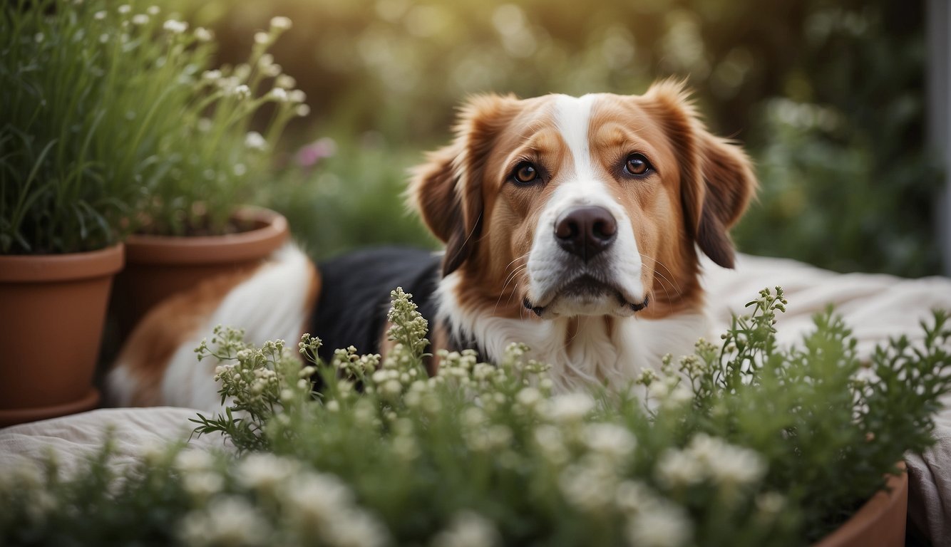 A dog lying on a soft bed surrounded by various herbs and natural remedies, with a peaceful expression on its face