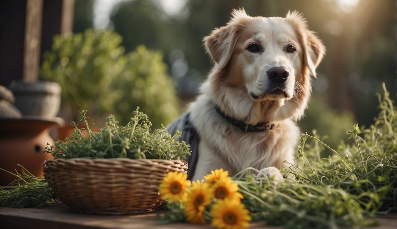 A dying dog receiving herbal treatments for pain relief and nutritional support in a peaceful setting