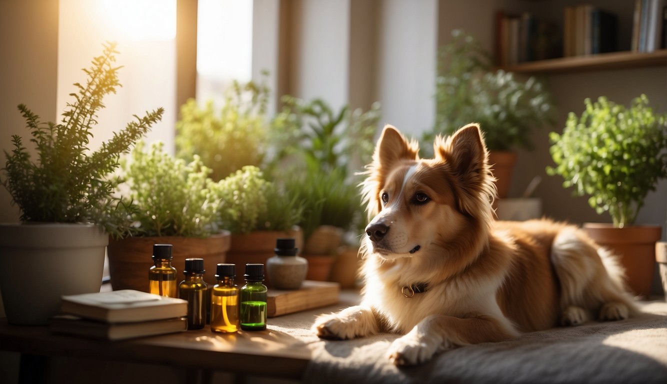 A peaceful, sunlit room with a cozy bed for a dog, surrounded by shelves of herbal remedies and soothing essential oils