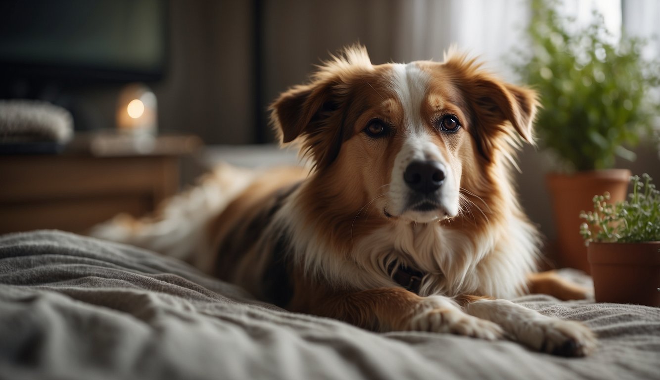 A dying dog lies on a soft bed, surrounded by comforting herbs and soothing treatments to ease its pain