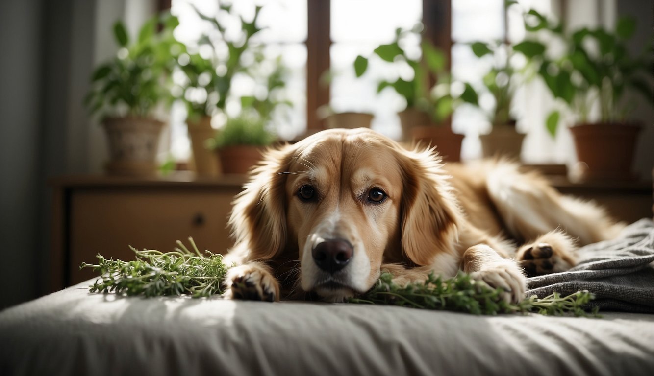 A dying dog lies peacefully on a soft bed, surrounded by calming herbal treatments. The room is filled with gentle light, creating a serene and comforting atmosphere