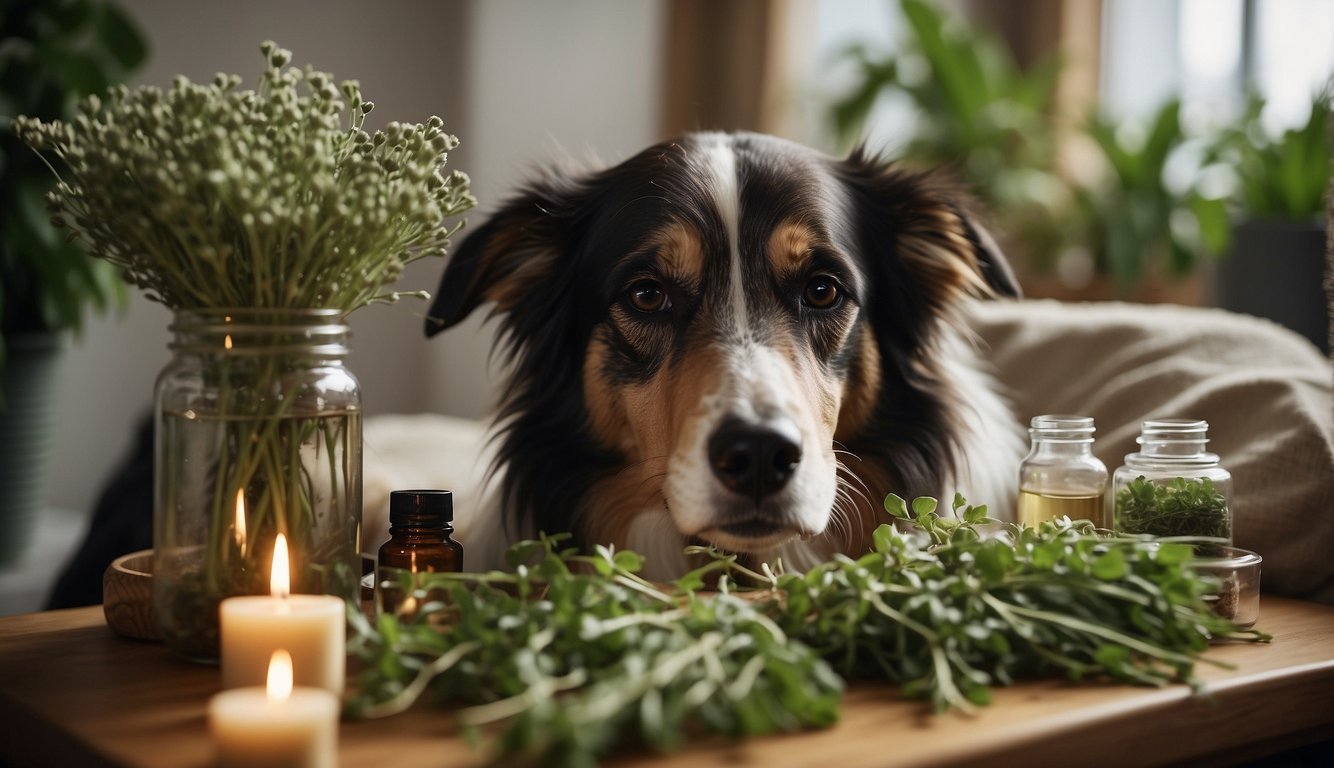 A dying dog receiving herbal treatments for pain relief in a peaceful and comforting environment