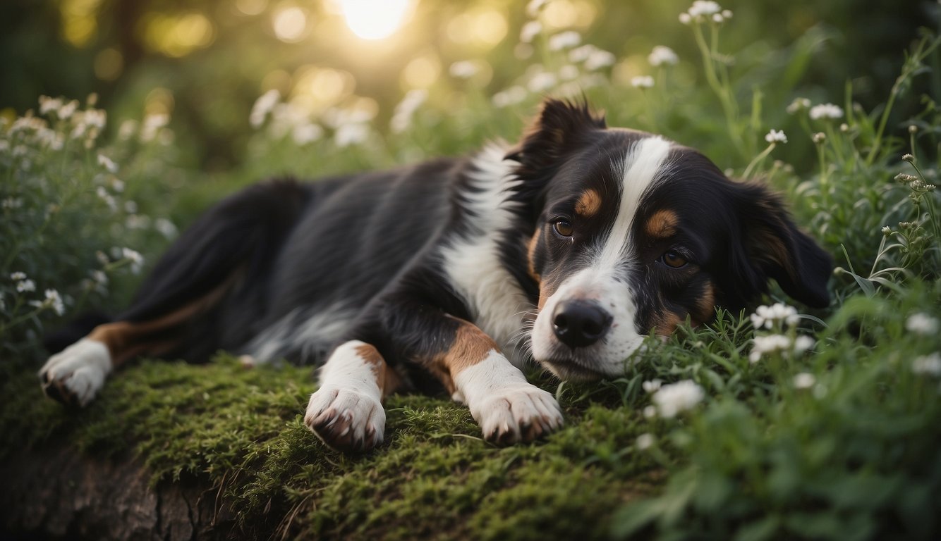 A dying dog lying peacefully, surrounded by gentle herbs and plants, as the owner lovingly administers herbal treatments to ease its pain