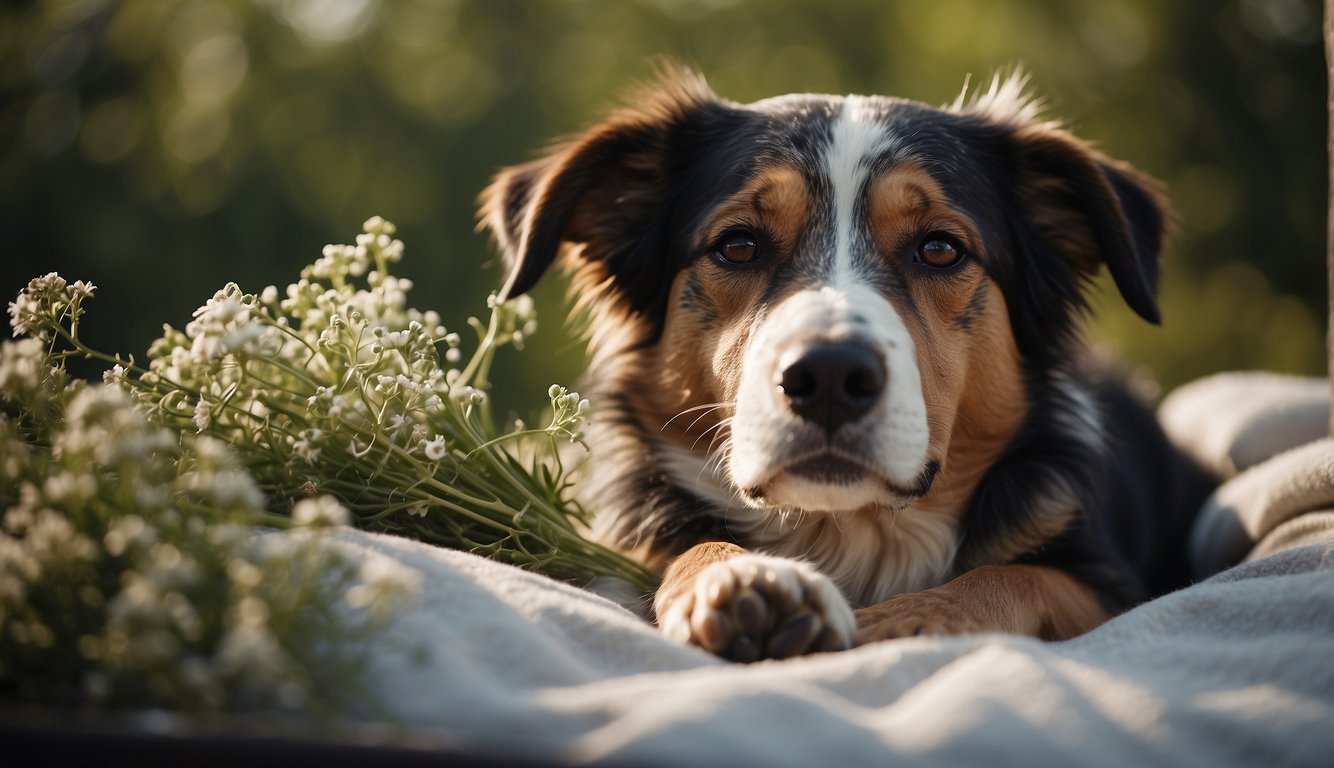 A dying dog lying on a soft blanket, surrounded by comforting herbal treatments. A peaceful and serene atmosphere, with gentle lighting and soothing colors