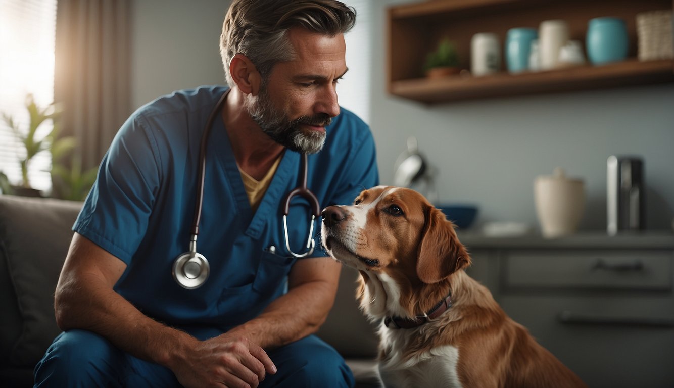 A veterinarian and a pet owner discussing end-of-life care for a dog, with a somber and empathetic tone