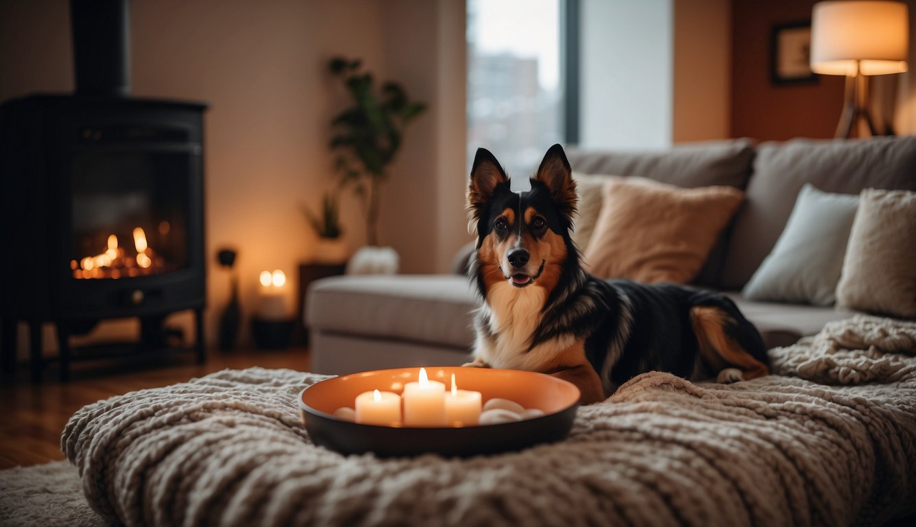 A cozy living room with warm lighting, soft blankets, and a crackling fireplace. A dog bed with a plush cushion and a bowl of water nearby