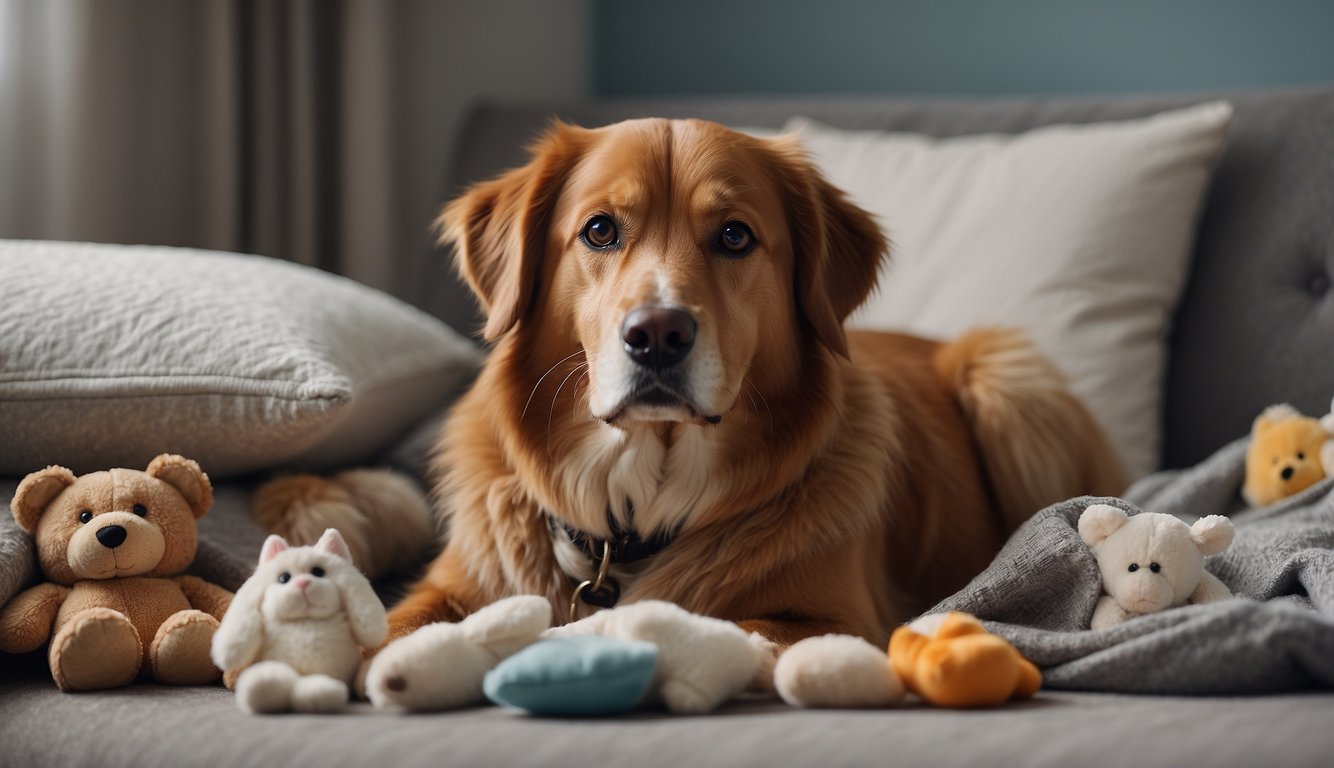 A dog lying on a soft blanket, surrounded by comforting items like toys and a familiar bed. A veterinarian sits nearby, speaking gently to the dog's owner