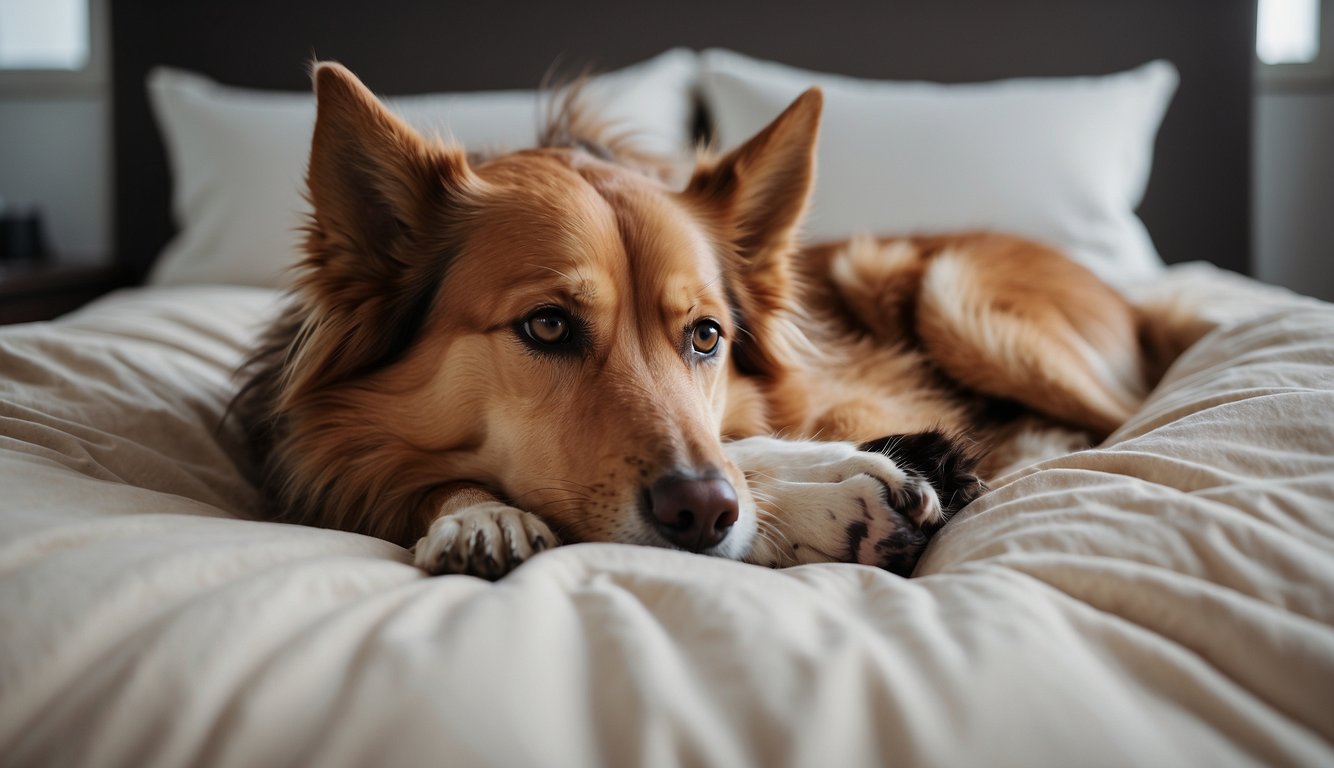 Dogs lie on clean bedding, groomed and comfortable. A caregiver tidies the area, ensuring the dogs' cleanliness and comfort