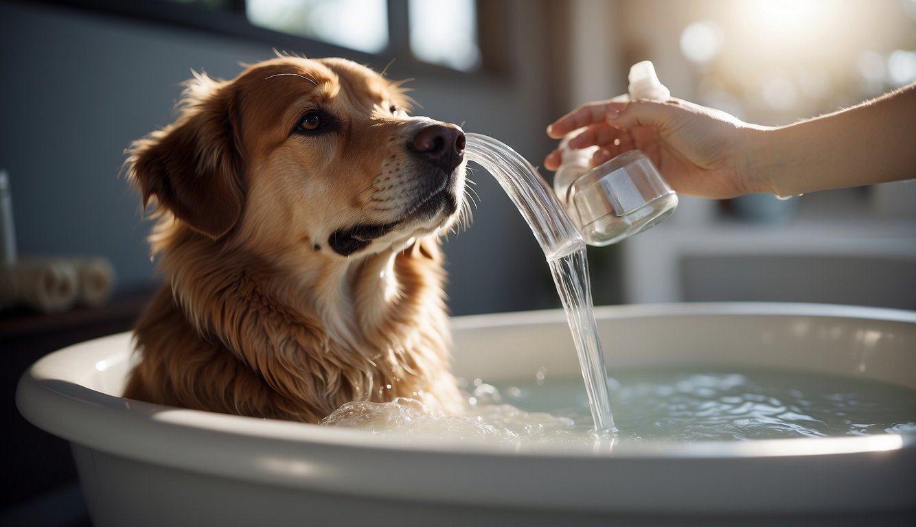 A dog is being bathed with gentle shampoo, its fur being carefully scrubbed to manage odors. The dog is bedridden, but the caregiver is ensuring it stays clean and comfortable