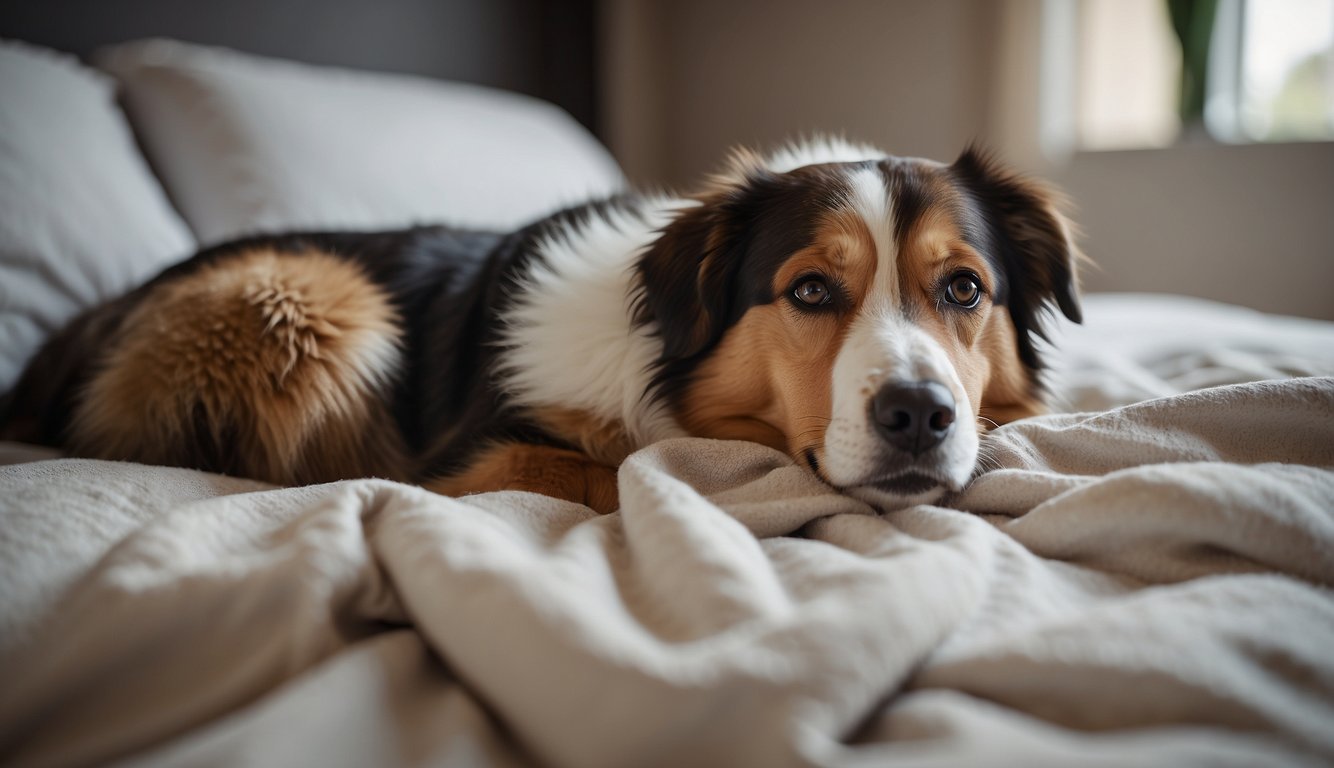 A dog lying on a comfortable bed, surrounded by clean and soft bedding. A caregiver gently wipes the dog's fur with a damp cloth, ensuring good hygiene