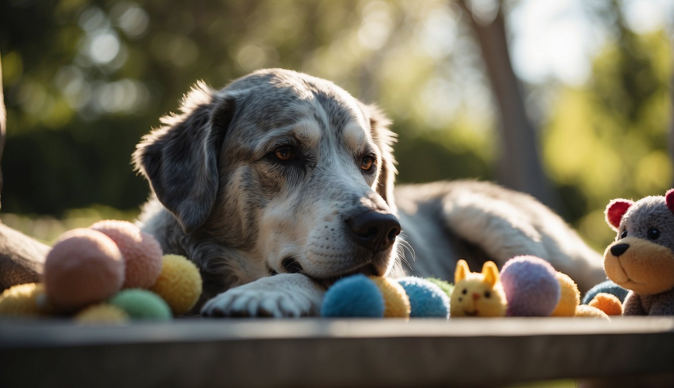 A gray-muzzled dog lays peacefully in a sun-drenched backyard, surrounded by toys and a loving family, contemplating the choice between extending life or letting go naturally