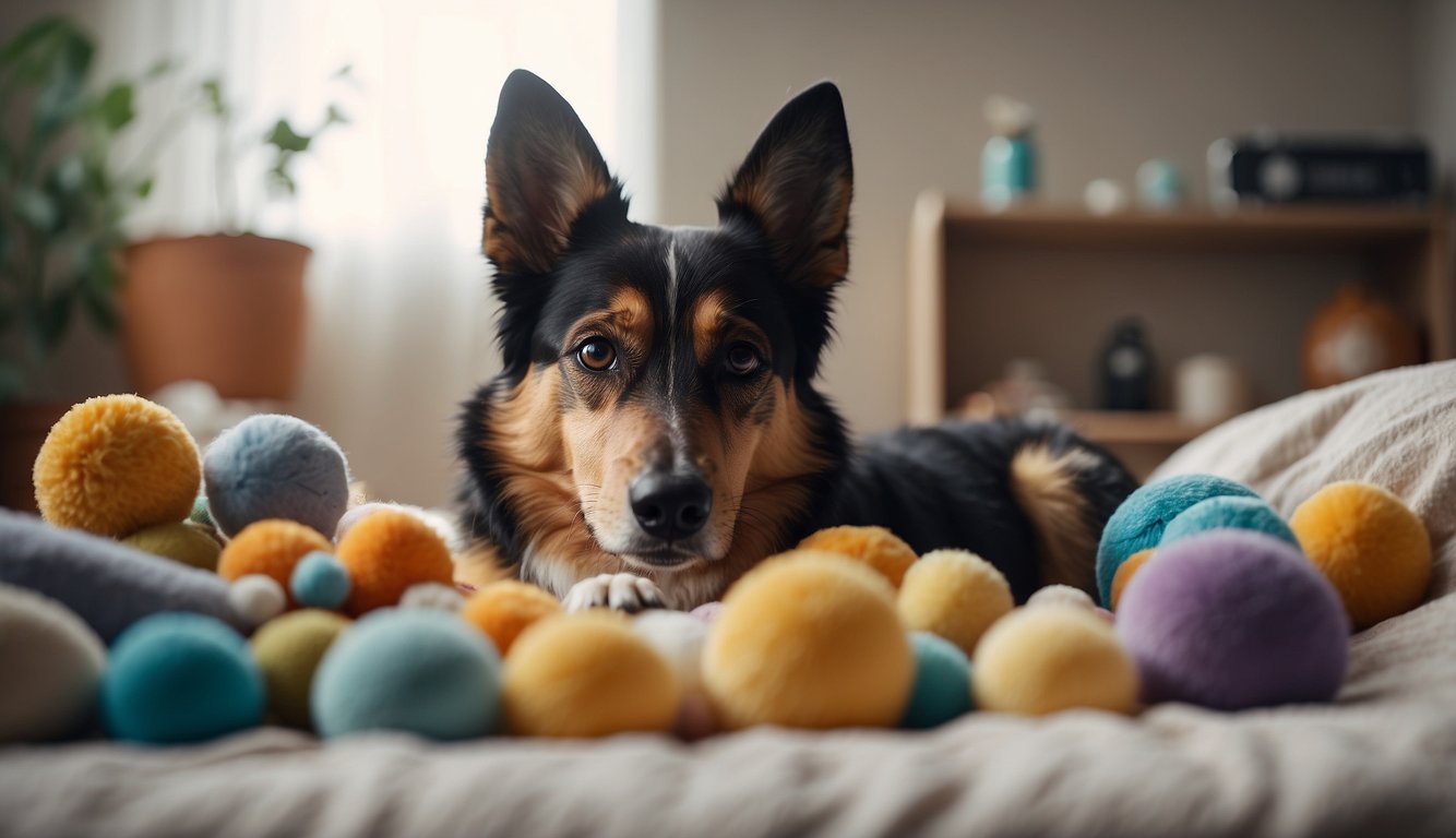 A dog lying on a soft bed, surrounded by toys and familiar scents. A vet and owner deep in conversation, weighing options for the dog's care