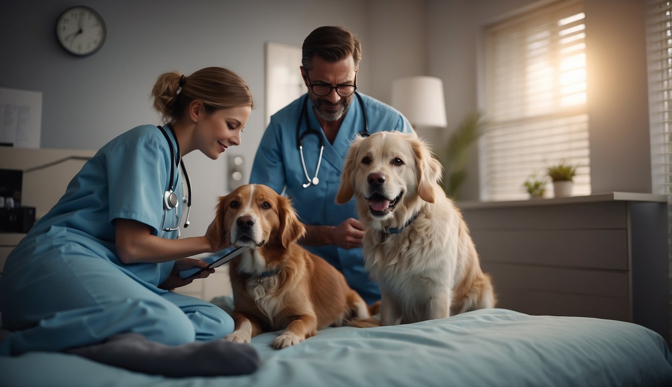A veterinarian holds a chart, while a family comforts a dog. The vet discusses treatment options as the dog lays on a cozy bed