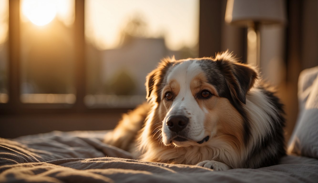 A dog lying peacefully on a soft bed, surrounded by a loving family. The sun is setting outside the window, casting a warm glow on the scene