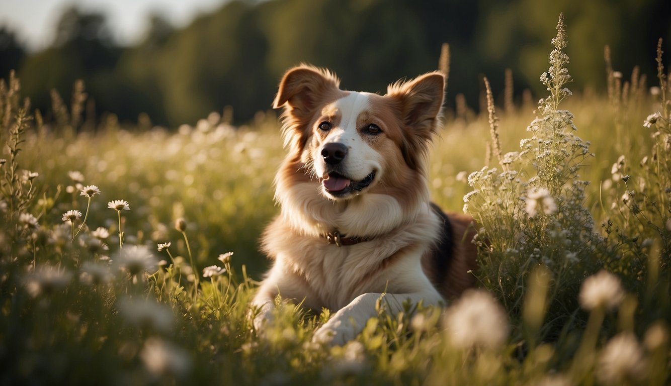 A peaceful dog lying in a sunlit meadow, surrounded by wildflowers. A gentle breeze rustles its fur as it peacefully passes away, with the option to extend life or let go naturally