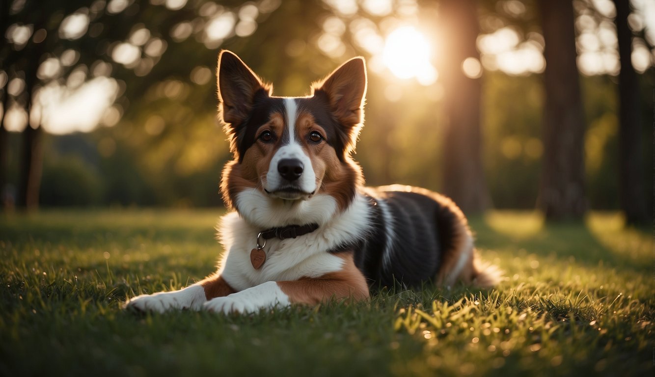 A dog lying peacefully in a serene outdoor setting, surrounded by nature. The sun is setting, casting a warm glow over the scene, creating a sense of tranquility and acceptance