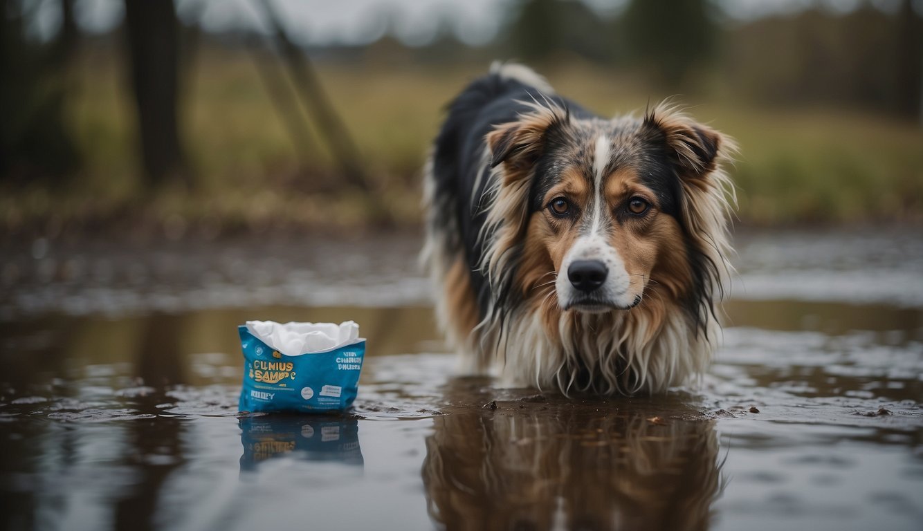 An older dog with a sad expression, standing in a puddle of urine, while the owner looks concerned and holds a pack of dog diapers