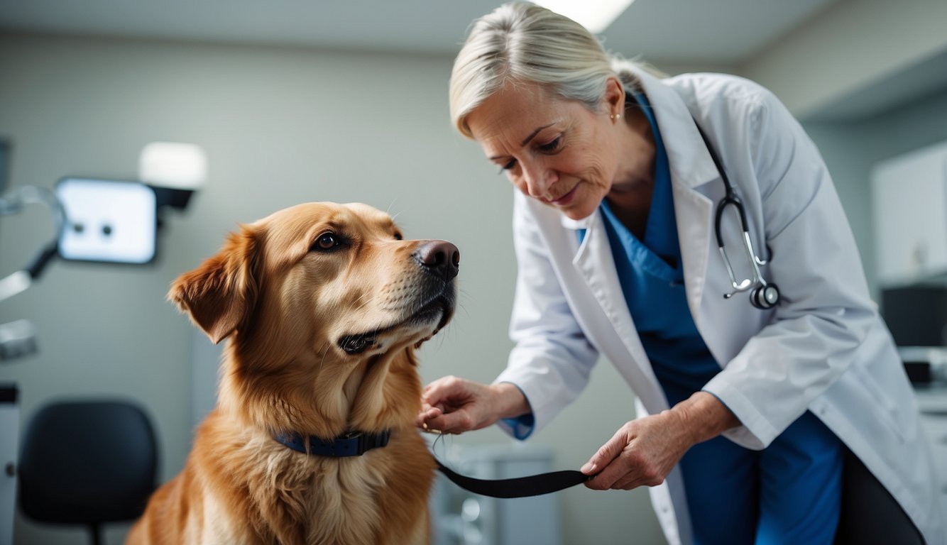 An older dog being examined by a veterinarian for incontinence, with the vet assessing the dog's mobility, bladder control, and overall health