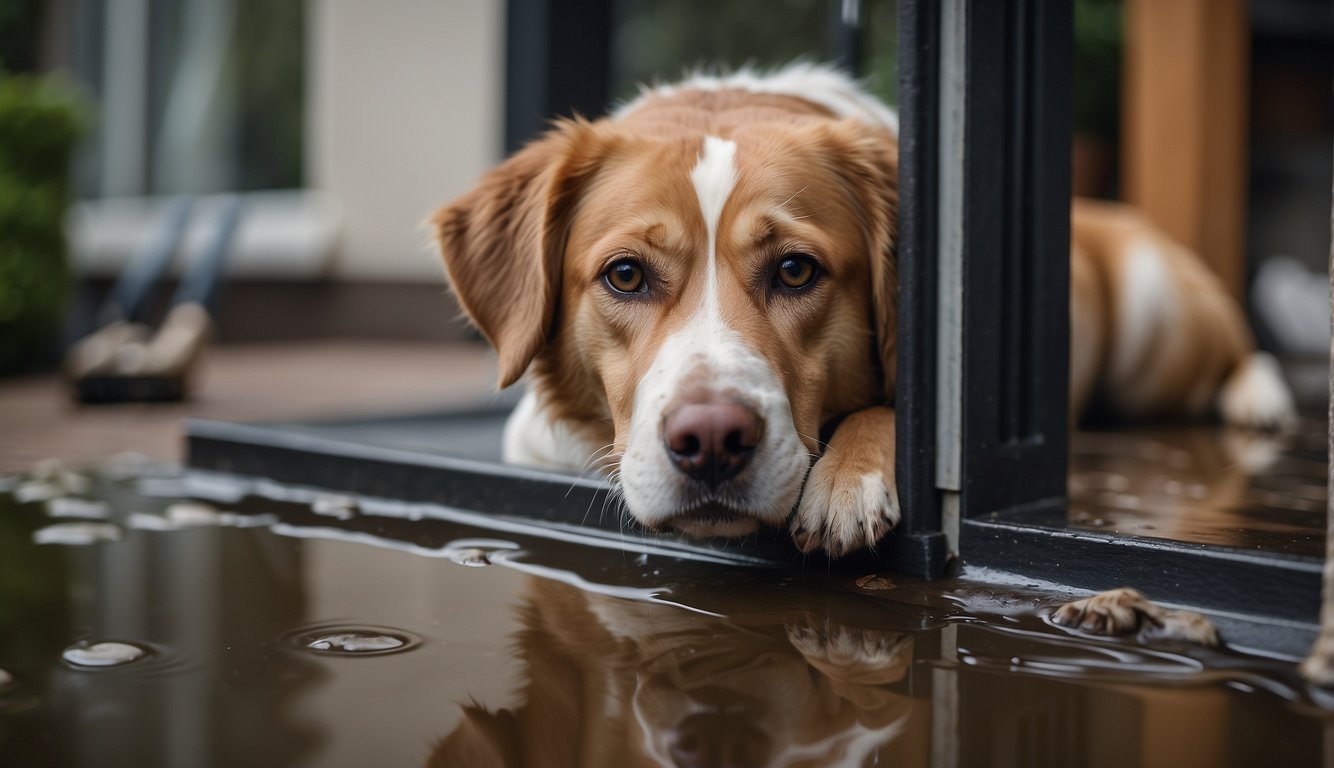 An older dog with a worried expression, standing by a doggy door, while a caregiver cleans up a small puddle on the floor