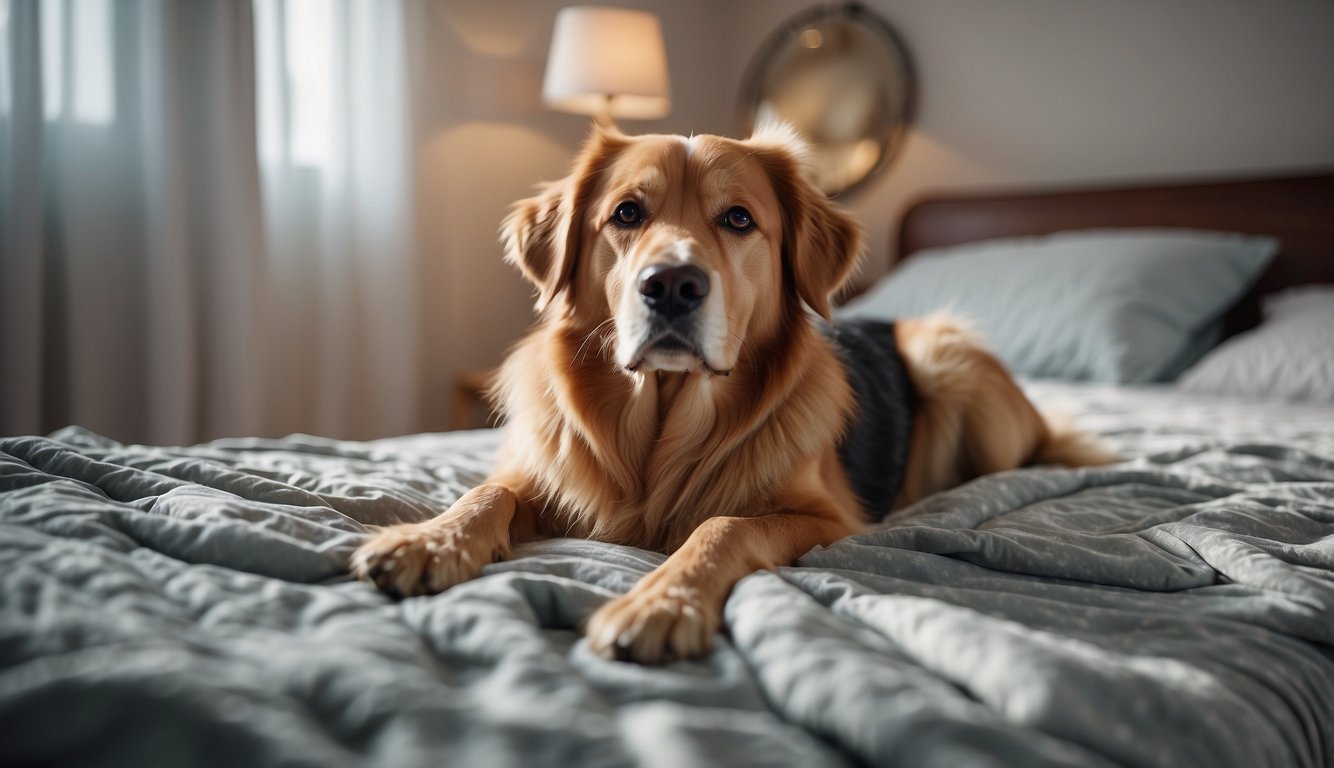 A senior dog laying on a comfortable bed, surrounded by absorbent pads and waterproof sheets. A caregiver gently cleaning and comforting the dog, showing patience and love